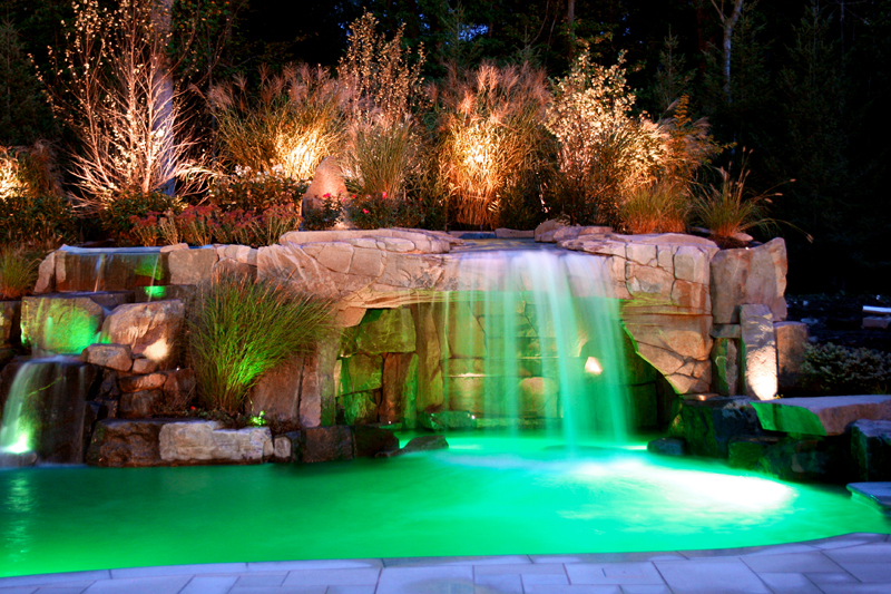 backyard-luxury-swimming-pool-waterfall-and-landscaping-led-lighting-design-ideas-saddle-river-new-jersey